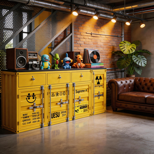 Buffet mural intégré personnalisé en fer, style industriel moderne, pour la préparation et le rangement des aliments, avec éléments décoratifs inspirés des conteneurs maritimes - Product Image 3