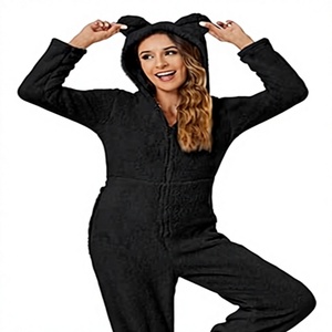 Women's Casual Hooded Sherpa Fleece Long-Sleeved Flare Sleeves Midi Waist Zipper Knitted Eco-Friendly Winter <b>Romper</b> Jumpsuit - Product Image 1