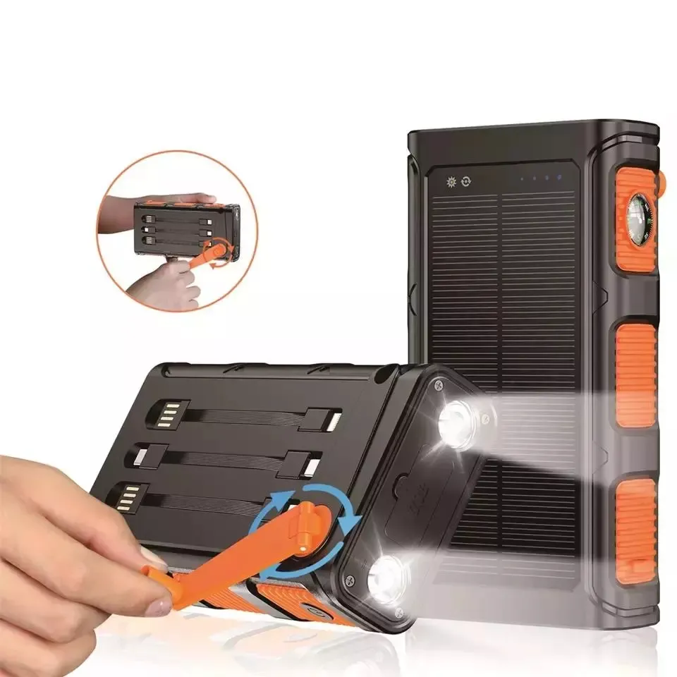 Outdoor-Handkurbel-Stromer zeuger Solar ladegerät Power bank Eingebaute 3 Kabel Handkurbel Solar Power Bank 30000mAh