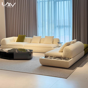 Set di Divani Moderni di Lusso per Soggiorno di Villa, Divano a L con Struttura in Legno e Tessuto Bianco per Hall di Hotel - Product Image 4