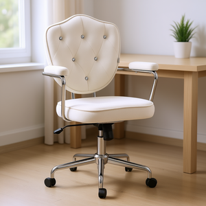 Chaise de bureau blanche crème en tissu velours, pivotante, hauteur réglable, dossier capitonné, base chromée pour usage professionnel - Product Image 2