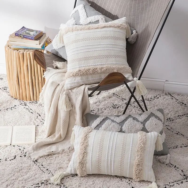 Luxurious18 x 18 pouces vente en gros broderie macramé décoratif Boho tufté carré coussin oreillers pour salon