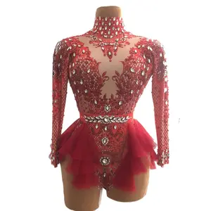 Sexy Long Sleeve Ruffles Crystal Dance Leotard Women Stage Performance Costume Party Club Bodycon Jumpsuits Rhinestone Bodysuit