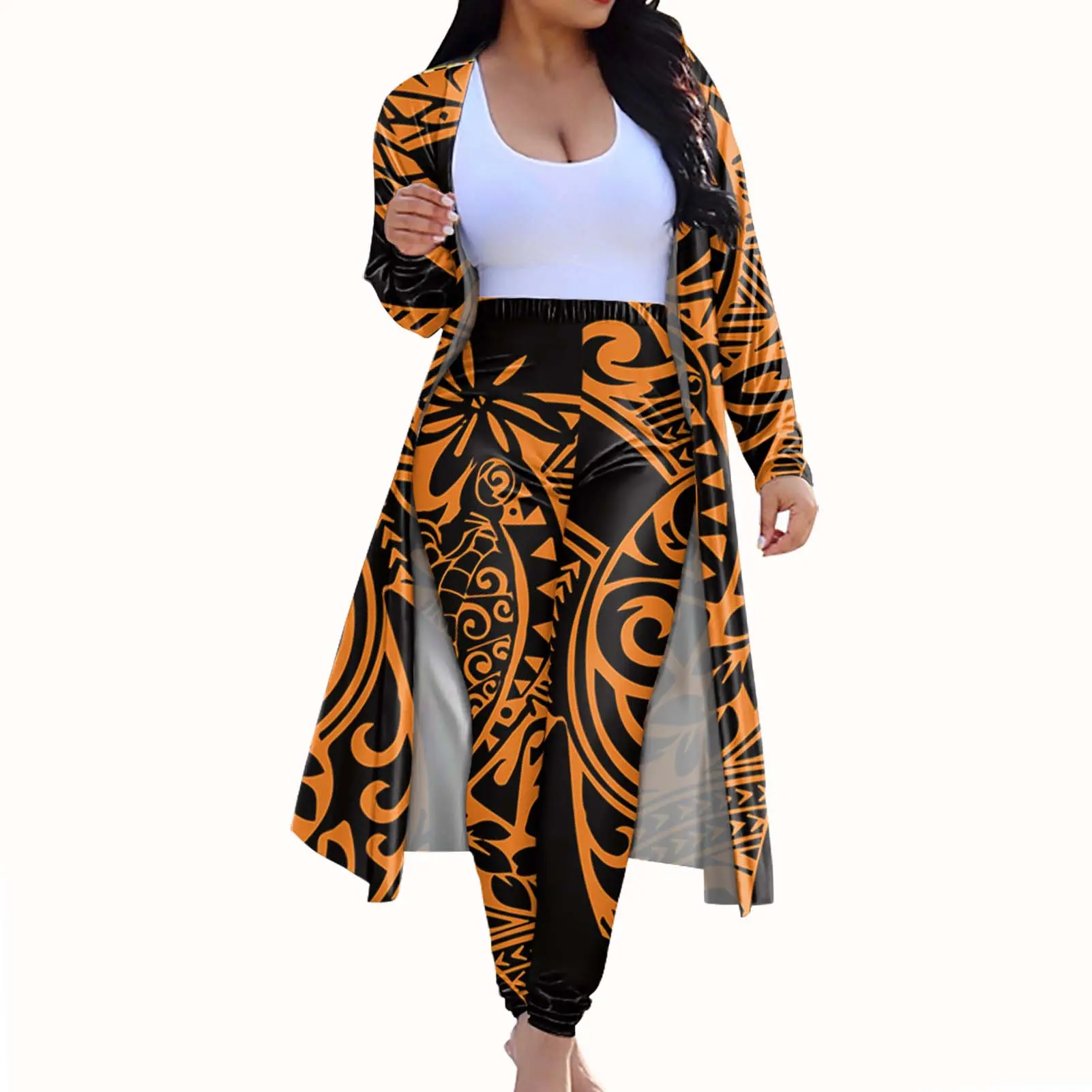 Winter Outfits Women Long Coat Cloak Legging Clothes Hawaii/Polynesian Tribal Style Hibiscus Floral Print Yellow/Pink Robe Suits