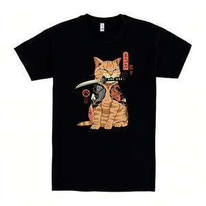 Camiseta negra Catania con diseño de gato samurái para hombres y mujeres - Product Image 2