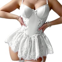 Set Lingerie Wanita Seksi Berbahan Renda dengan Korset dan Rok OEM ODM Grosir Logo Kustom