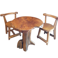 Mesa redonda de teca con abalorio rústico con forma orgánica, acabado desgastado y base de tronco de árbol, juego de comedor de teca para exteriores, juego de muebles de patio