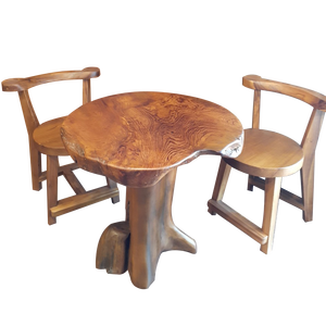 Mesa redonda de teca con abalorio rústico con forma orgánica, acabado desgastado y base de tronco de árbol, juego de comedor de teca para exteriores, juego de muebles de patio - Product Image 1