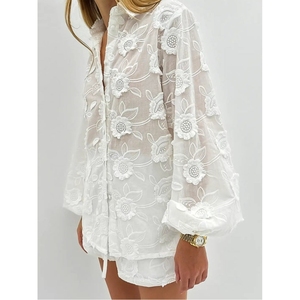 Women's New <b>Sexy</b> Lace Embroidery See-through Shirt High-waisted Shorts 2-piece <b>Set</b> Fashion - Product Image 4