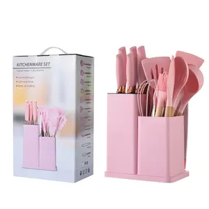 New Luxury đồ nấu nướng Silicone đồ dùng nhà bếp Set 19 cái Silicone với tay cầm bằng gỗ Baking thiết bị Set