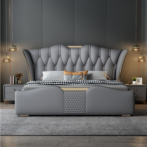 Muebles de dormitorio de lujo italianos para el hogar, venta al por mayor, camas modernas de <span class=keywords><strong>madera</strong></span> de metal dorado con <span class=keywords><strong>cabecero</strong></span> de cuero tamaño King y sábanas - Product Image 4