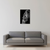 Impression sur toile Art Déco Lion Famille Noir et Blanc, Lionne, Roi des animaux, Savannah, Cadre en bois, Décoration murale pour salon et maison