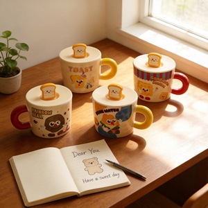 Tasse en céramique Cerouky avec couvercle, 301-400ml, design Toast, pour café, thé, usage domestique, cadeau pour filles, rentrée scolaire - Product Image 5