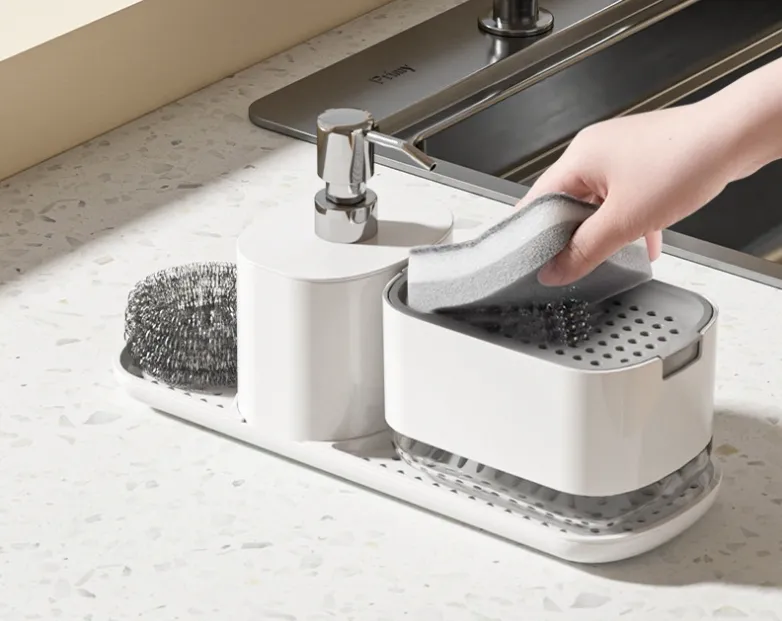2-in-1 Küchenzubehör Sensor-Seifen-Schwammhalter Regal Pumpe Geschirr-Seifenspender-Schwamm
