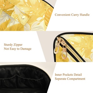 Trousse de Toilette de Voyage pour Femme avec Logo Personnalisé, Motif Feuilles Dorées, Faible MOQ, Sac Cosmétique Jaune avec Compartiments - Product Image 4