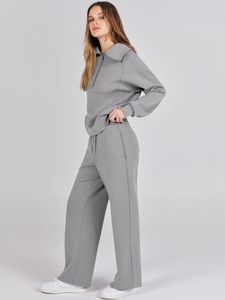 Casual Comfortable Half Zip Tracksuit <b>Women</b> Custom Logo Stand Collar Sweatshirt and Wide Leg Pants 2 Piece Sportswear Set - Product Image 2