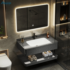 Meuble <span class=keywords><strong>de</strong></span> <span class=keywords><strong>salle</strong></span> <span class=keywords><strong>de</strong></span> <span class=keywords><strong>bain</strong></span> moderne à deux niveaux avec vasque en <span class=keywords><strong>céramique</strong></span>, miroir LED et lavabo mural en dalle <span class=keywords><strong>de</strong></span> roche - Product Image 3