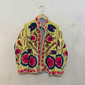 Chaqueta de terciopelo con bordado floral para mujer, cuello mandarín, manga larga, abrigo de primavera, diseño abierto hecho a mano - Product Image 1