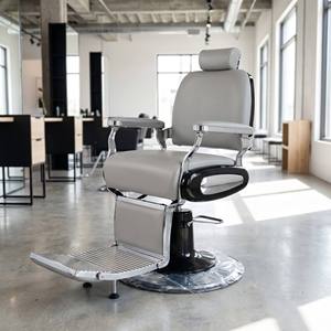 Vintage Reclining Heavy Duty Barber <b>Chair</b> PU Leather Seat <b>Silver</b> Frame Minimalist Design Professional Hydraulic Pump 360 Degree - Product Image 3