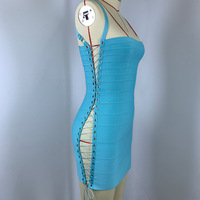 Nouvelle Arrivée Été 2026 Robe Femme Col Carré Sans Manches Bandage Turquoise Lacets Latéraux Moulante Sexy Soirée et Fête
