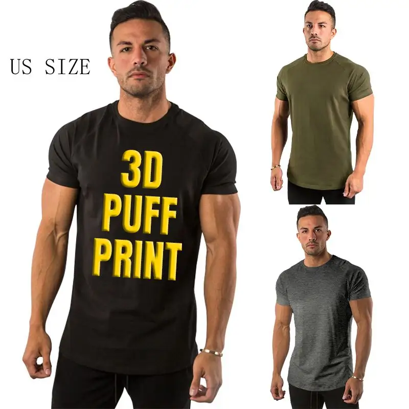 Wholesale Gym sports tee Custom 3D Puff Print 100% Cotton Printing Men Slimfit T shirts Plain White Black Muscle Fit T Shirt