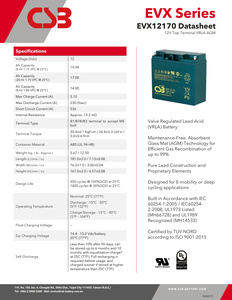 <span class=keywords><strong>Batterie</strong></span> CSB EVX12170 <span class=keywords><strong>12V17Ah</strong></span> AGM VRLA SLA avec borne M5 sans entretien pour alimentation sans interruption (ASI) et éclairage d'urgence - Product Image 3