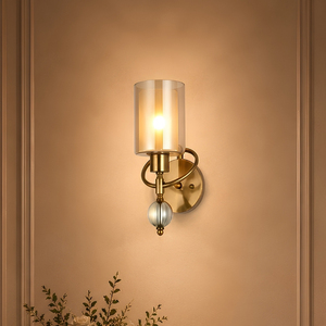 Lucienne Brushed Brass Wall Sconce Amber Cylinder Glass Crystal Finial Villa Bedroom Decor Lamp - Product Image 1