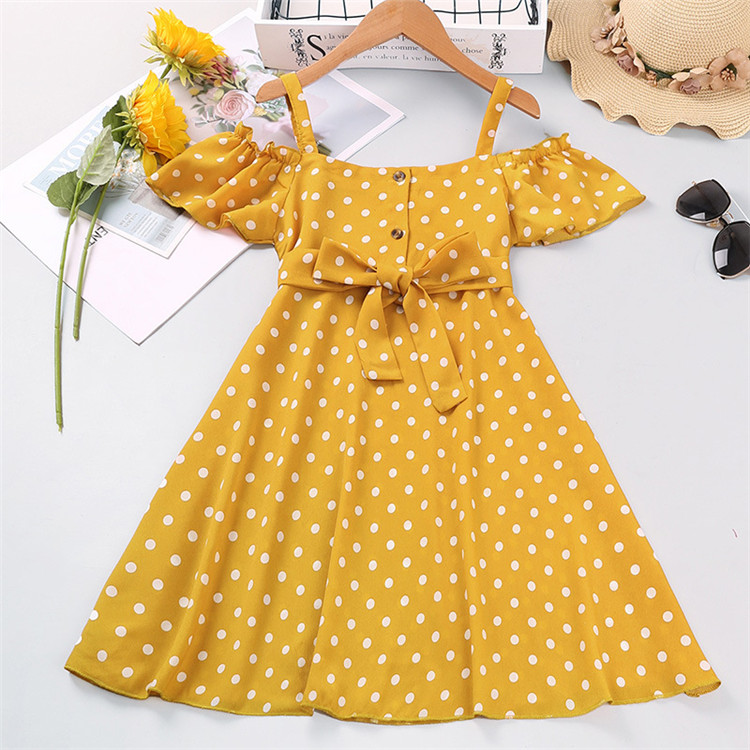 2022 Children Wear Girl Dress Summer Dot Printing Baby Yellow Princess Dress with Bow Knot Girls Slip Dress for 4-9 Years