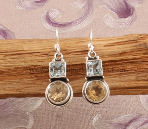 New Arrival Blue Topaz & Citrine 925 Sterling <b>Solid</b> <b>Silver</b> <b>Earrings</b> Gemstone Drop <b>Earrings</b> With Hoops - Product Image 1