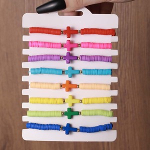 Cross Bracelet <b>Set</b> 8 Pieces Solid Color Polymer <b>Clay</b> Elastic Bohemian Style Women's Jewelry Gift - Product Image 2