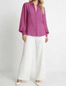 Chemise à manches longues pour femmes ALBBIA010, col classique, boutonnage intégral, manches bishop, ample, volumineuse, été, ODM, vintage - Product Image 1