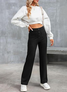 Pantalones de Mujer Estilo Europeo Americano, Cintura Alta, Bolsillos <span class=keywords><strong>con</strong></span> Solapa, Cintura Elástica <span class=keywords><strong>con</strong></span> <span class=keywords><strong>Botones</strong></span>, Diseño Casual Holgado de Pierna Ancha para Otoño - Product Image 6
