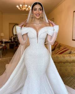 S4366L New Pearl-embellished Off-shoulder Long Sleeves Exquisite and High-end <strong>Romantic</strong> Mermaid Beautiful Wedding <strong>Dress</strong> - Product Image 3