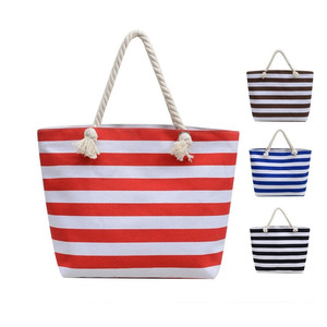 BOTTCOOLA New Fashion Stripe Canvas Beach Bag Eco Friendly Large Capacity Shopping Canvas Tote Bag with Custom Printed Logo