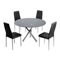 Ensemble de salle à manger à bas prix, table de salle à manger ronde en verre noir avec trois pieds croisés en métal chromé