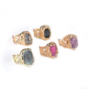 Gold plated personalized natural raw druzy amethyst stone with lace charm baroque noble ring for women jewelry
