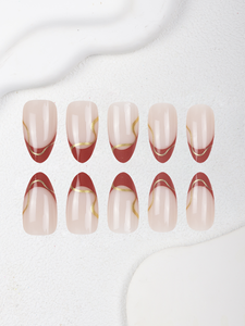 Faux ongles à presser en amande, rouge français, ligne ondulée dorée, réutilisables, vente en gros d'usine, étiquette privée personnalisée, en vrac pour femmes - Product Image 2