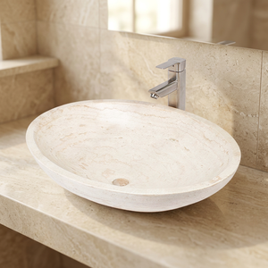 Lavabo ovale en travertin blanc, vasque en pierre pour salle de bain, lavabo à poser sur comptoir - Product Image 1