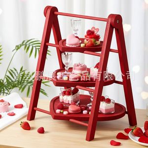 Assiette à gâteau en bois à 3 niveaux, ronde, réutilisable, pour la présentation des fêtes de la Saint-Valentin - Product Image 2