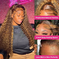 Perruques Lace Front en cheveux humains, mèches marron miel, sans colle, dentelle HD suisse transparente, ondulées profondes et bouclées, vente en gros