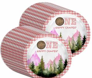 Assiettes en papier roses pour camping, directement de l'usine, fournitures de fête d'anniversaire One Happy Camper pour enfants, style 7 pouces pour bébés - Product Image 1