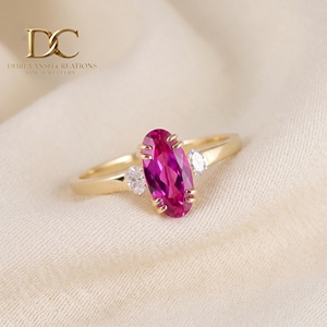 แหวนทองคำแท้ 14KT งานแฮนด์เมดใหม่ ประดับเพชรเลี้ยงในห้องปฏิบัติการและทัวร์มาลีนสีชมพูร้อนแรง สำหรับเครื่องประดับสั่งทำพิเศษสำหรับผู้หญิง - Product Image 1