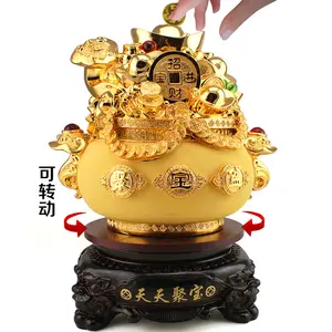 Atacado Fengshui Home Decor Produto Chinês Ouro Ingots Sorte Riqueza Feng Shui Golden Treasure Bowl Com Dongs Ouro