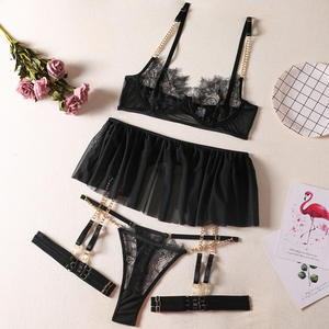 Conjunto de Lencería Sexy para Mujer, con Encaje Negro, Malla, 3 Piezas, Bordado, Tirantes en los Muslos, Cadena Intrincada, Tanga, Sujetador Tipo Bala - Product Image 2