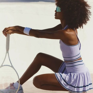 Ensemble jupe rayée anti-UV personnalisé pour l'été, léger et respirant, 2 pièces aux couleurs contrastées pour le golf, le tennis, le paddle, le pickleball - Avant - Product Image 3