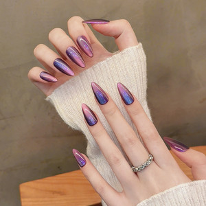 <span class=keywords><strong>Uñas</strong></span> Postizas Stiletto Hechas a Mano, Color Morado <span class=keywords><strong>Azul</strong></span> Camaleón, Efecto Ojo de Gato Aurora, Reutilizables, Venta al Por Mayor - Product Image 2