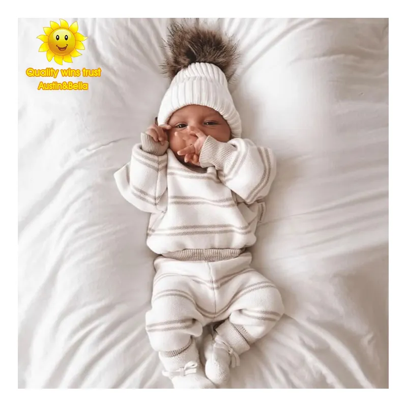 LOGOTIPO personalizado Baby malha camisola conjunto novo nascido inverno roupas conjuntos nervuras Chunky malha calça manga comprida crianças malha set 1005TZ
