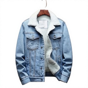 Veste en jean foncé pour homme avec doublure en polaire blanche, boutonnage frontal, coupe classique, vêtement d'hiver décontracté, couleur unie, détails surpiqués - Product Image 4