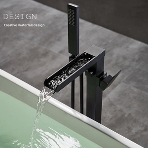 Robinet <span class=keywords><strong>de</strong></span> <span class=keywords><strong>baignoire</strong></span> sur pied en laiton noir mat avec douchette cascade verticale <span class=keywords><strong>pour</strong></span> eau froide et chaude - Product Image 2