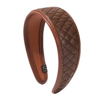 Serre-tête en cuir fait main pour femme, avec bord large en tissu coloré et motif géométrique, modèle Yutang LH110, idéal pour un usage quotidien et la mode.